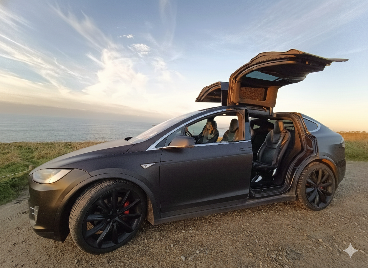 Chauffeur privé Hermès Mobilité Transport en Tesla à Plouzané et au Conquet, alternative premium au taxi pour transferts aéroport.