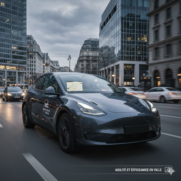 Une Tesla Model Y d'Hermès Mobilité Transport circulant avec agilité en zone urbaine pour une livraison médicale urgente, soulignant la flexibilité du transport léger par rapport au fret lourd.