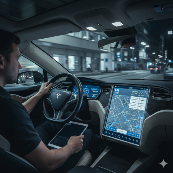 Écran de navigation d'une Tesla Model S affichant un itinéraire optimisé et des données de suivi GPS, symbolisant la transparence tarifaire et la précision logistique d'Hermès Mobilité Transport.