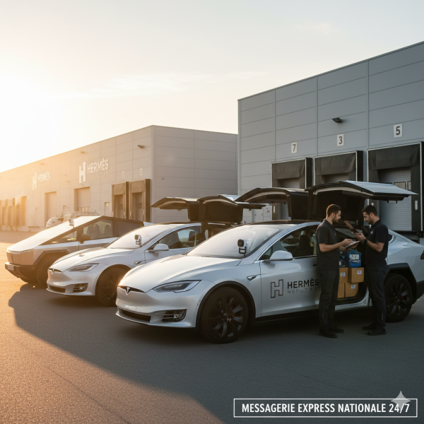 Alignement de véhicules Tesla (Model S, Model X et Cybertruck) devant un centre logistique, illustrant le service de messagerie express nationale 24h/24 et 7j/7 d'Hermès Mobilité Transport