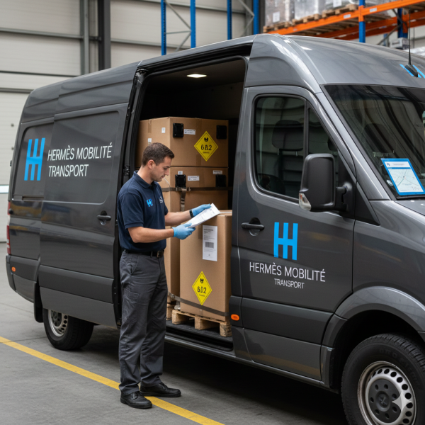 Véhicule utilitaire léger d'Hermès Mobilité Transport pour la livraison de colis volumineux et de matériel médical avec traçabilité GPS