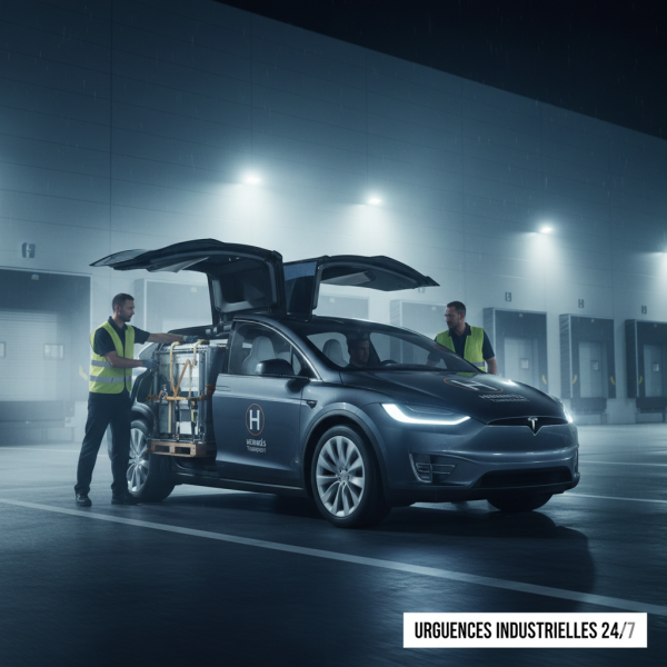Une Tesla Model X d'Hermès Mobilité Transport en intervention nocturne devant une usine, symbolisant la livraison de composants critiques pour éviter une rupture de chaîne industrielle.