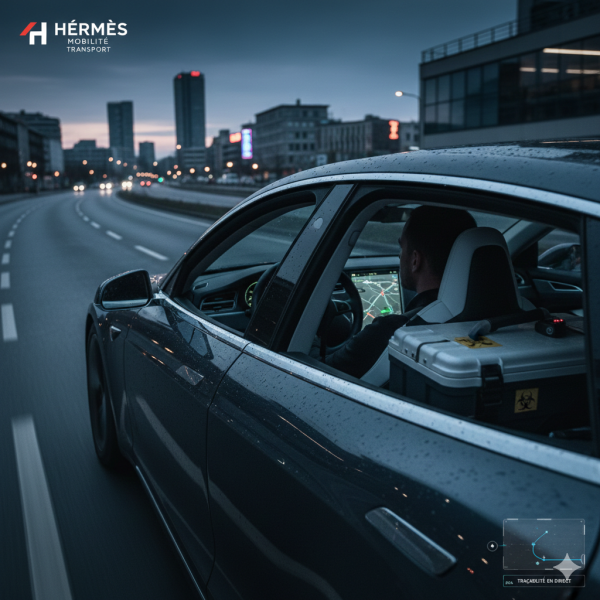 Tesla Model S de l'entreprise Hermès Mobilité Transport effectuant une livraison de nuit pour des prélèvements biologiques urgents avec suivi GPS