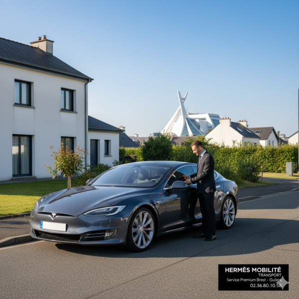 Une Tesla Model S grise stationnée dans un quartier résidentiel de Guilers, avec un chauffeur professionnel ouvrant la porte, illustrant le service de transport discret et haut de gamme vers Brest.
