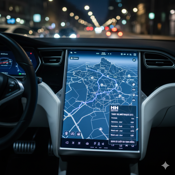 Gros plan sur l'écran tactile d'une Tesla affichant une carte avec un tracé GPS bleu précis et des indicateurs de coût kilométrique, illustrant la transparence du suivi pour le transport de fret volumineux