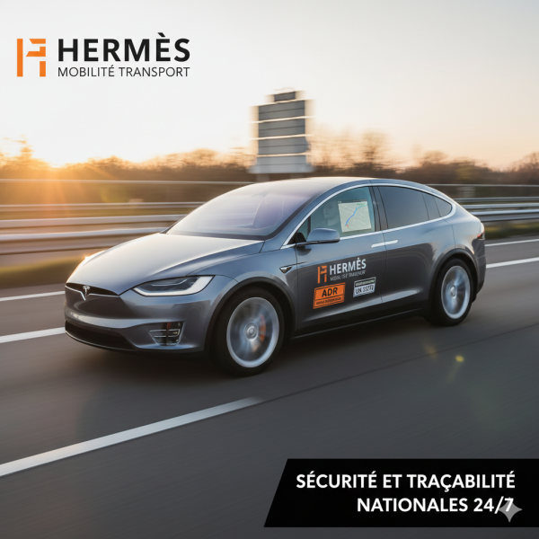 Une Tesla Model X d'Hermès Mobilité Transport circulant sur une voie rapide française, illustrant le transport national sécurisé de marchandises critiques et le suivi GPS en temps réel.