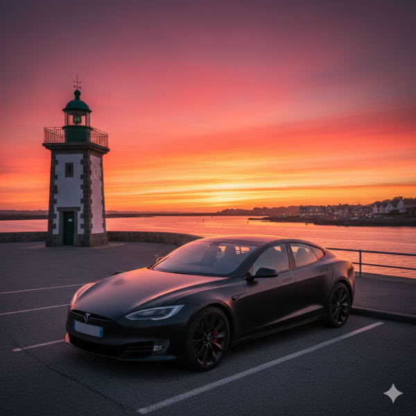 Tesla Model Y noire Hermès Mobilité Transport sur la place du marché de Saint-Renan, alternative taxi premium