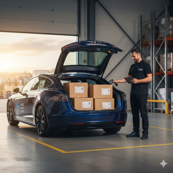 Chauffeur certifié ADR chargeant des colis sécurisés dans le coffre d'une Tesla pour un transport médical et industriel rapide avec Hermès Mobilité Transport