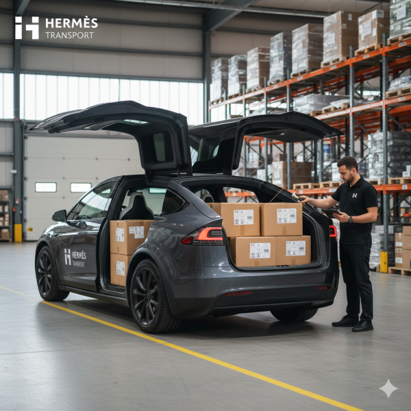 Chargement de colis encombrants et matériel industriel sécurisé dans une Tesla Model X avec portes Falcon ouvertes, illustrant la logistique de messagerie express d'Hermès Mobilité Transport