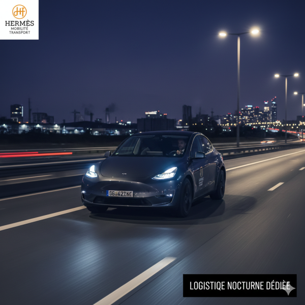 Une Tesla d'Hermès Mobilité Transport circulant de nuit sur une autoroute dégagée, illustrant l'efficacité de la logistique nocturne pour les marchandises sensibles et le matériel médical.