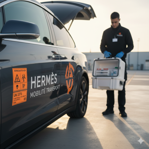 Focus sur une signalétique de sécurité ADR apposée sur un véhicule de transport d'Hermès Mobilité, avec en arrière-plan un conducteur vérifiant la conformité d'un colis industriel avant le départ.