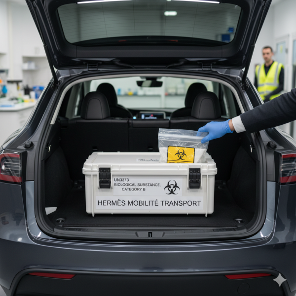 Chargement d'un caisson de transport homologué pour substances biologiques (catégorie B) dans le coffre d'un véhicule d'Hermès Mobilité Transport, garantissant une logistique médicale sécurisée et conforme ADR