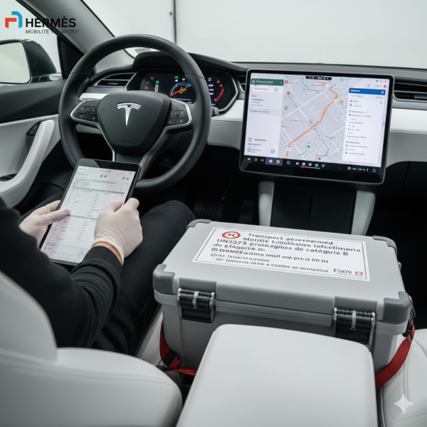 Chauffeur Hermès Mobilité Transport avec gants de protection vérifiant un bordereau de suivi médical à côté d'un caisson isotherme sécurisé dans une Tesla, avec traçabilité GPS sur l'écran de bord