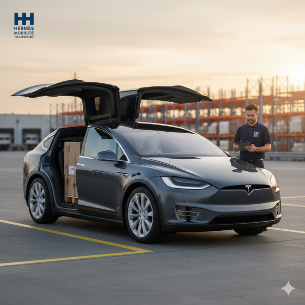 Tesla Model X de l'entreprise Hermès Mobilité Transport stationnée devant un centre logistique pour le transport d'équipements industriels sensibles avec suivi GPS