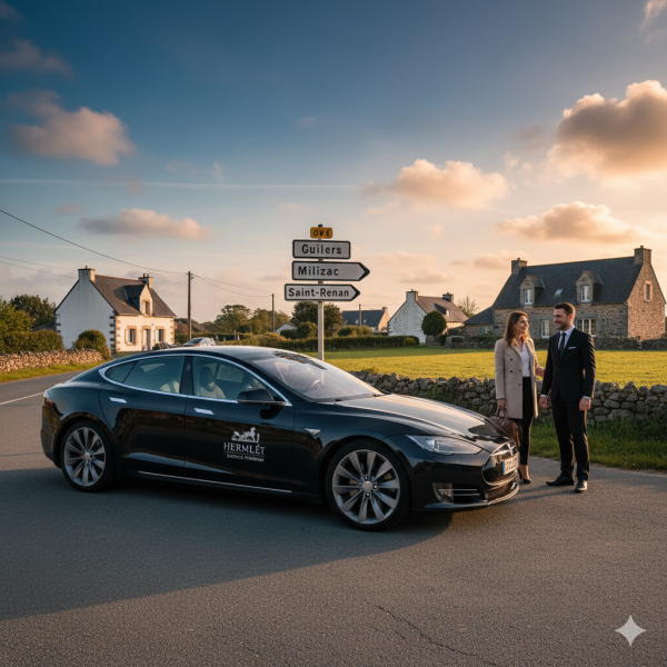 Une Tesla noire Hermès Mobilité, une alternative haut de gamme au taxi à Guilers, Milizac et Saint-Renan