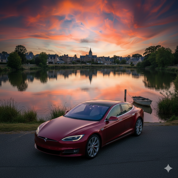Tesla rouge Hermès Mobilité stationnée sur la côte à Plougonvelin, offrant une alternative de luxe au taxi dans le secteur de Saint-Renan