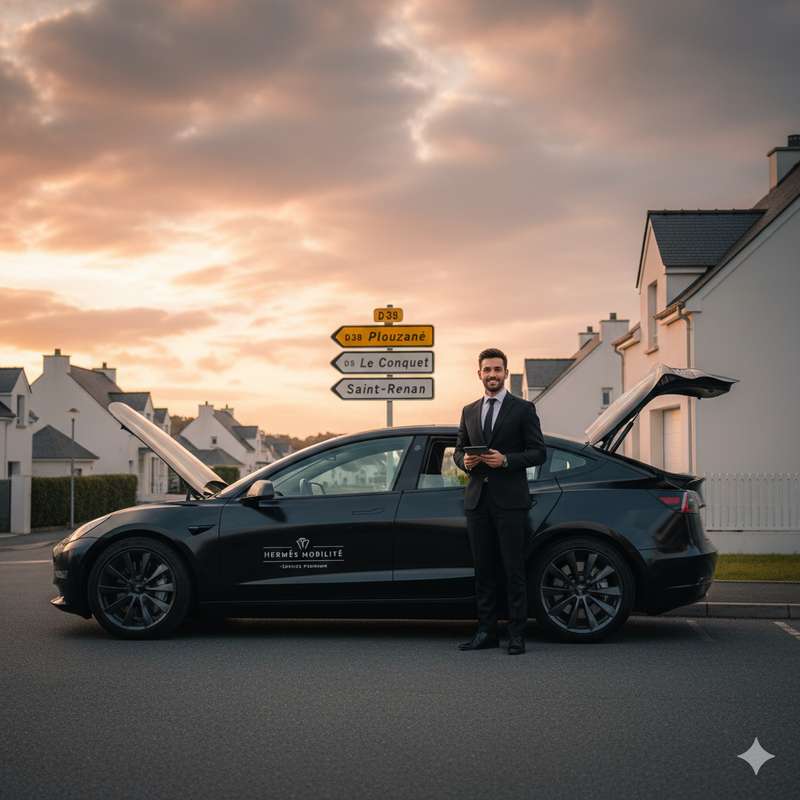 Une Tesla noire Hermès Mobilité en stationnement, offrant une alternative premium au taxi à Plouzané et Saint-Renan.