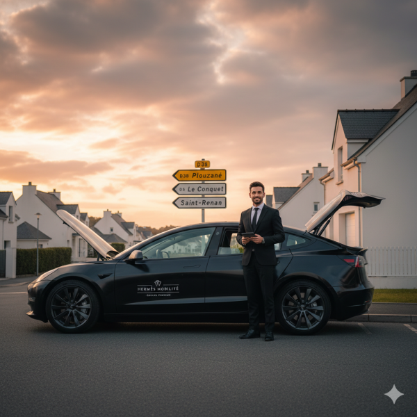 Une Tesla noire Hermès Mobilité en stationnement, offrant une alternative premium au taxi à Plouzané et Saint-Renan.