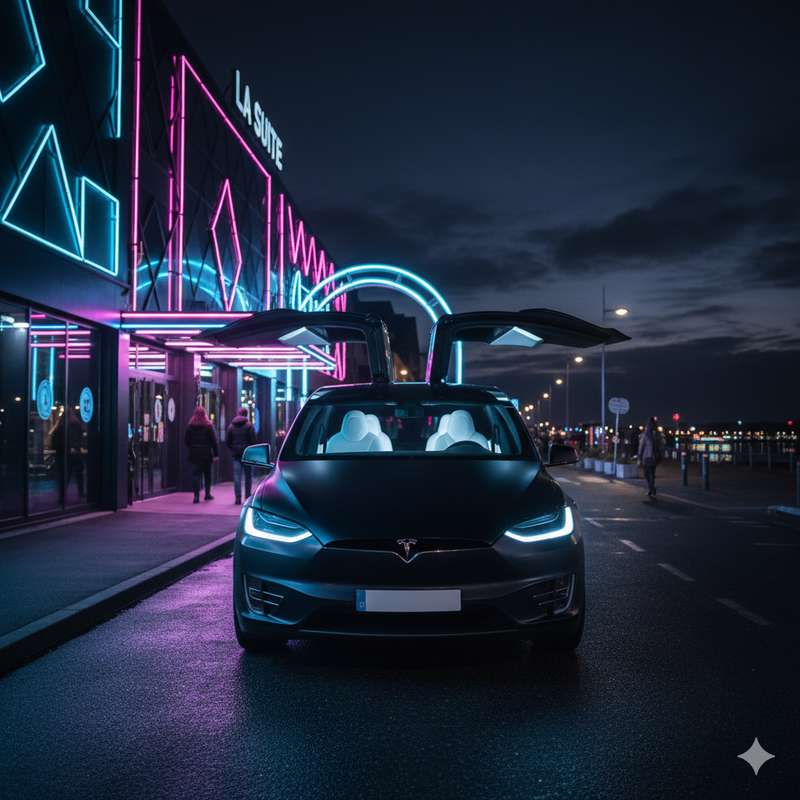 Tesla de nuit avec phares allumés et chauffeur privé Hermès Mobilité pour un retour de soirée sécurisé à Brest