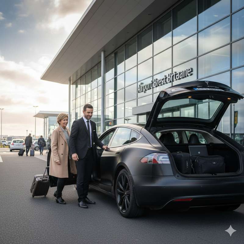 Chauffeur privé Hermès Mobilité aidant un passager avec ses bagages devant une Tesla noire à l'Aéroport de Brest Bretagne