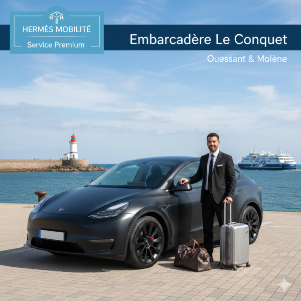 Chauffeur Hermès Mobilité déchargeant des valises d'une Tesla noire devant le port du Conquet pour un départ vers Ouessant