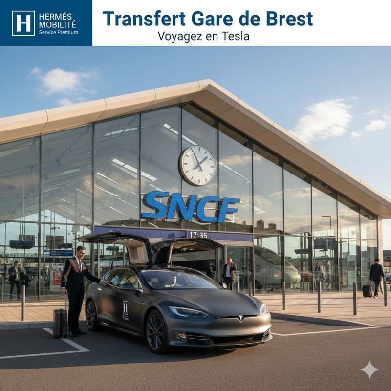 Tesla noire avec chauffeur privé Hermès Mobilité devant l'entrée de la Gare SNCF de Brest pour un transfert premium