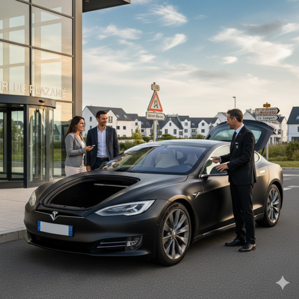 Tesla noire Hermès Mobilité, l'alternative premium au taxi à Plouzané et Saint-Renan pour vos trajets dans le Finistère