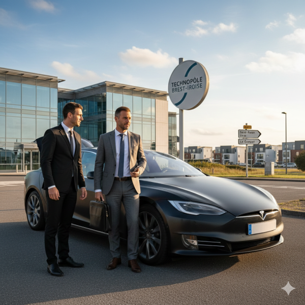 Chauffeur privé en costume ouvrant la porte d'une Tesla noire devant les bâtiments modernes du Technopôle Brest-Iroise à Plouzané